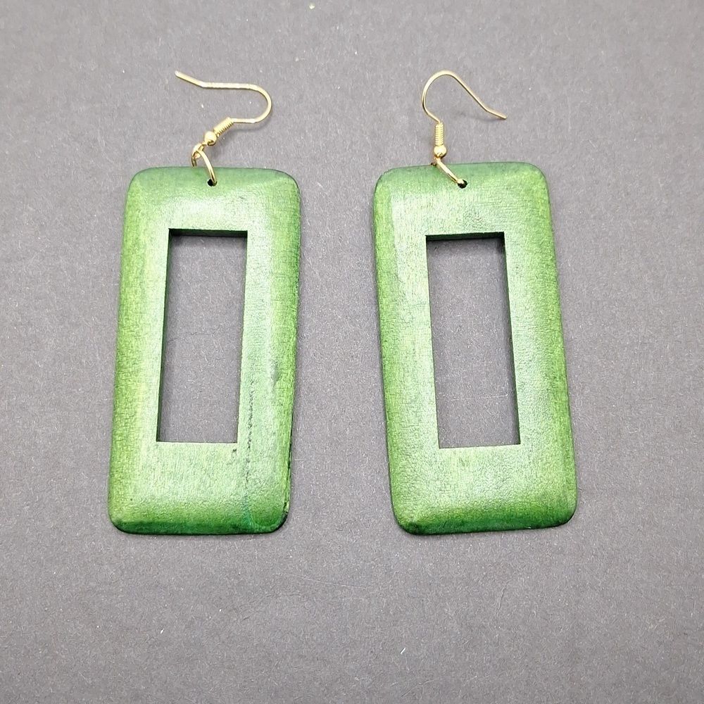 Long green rectangle wood earrings Bohemian jewelry